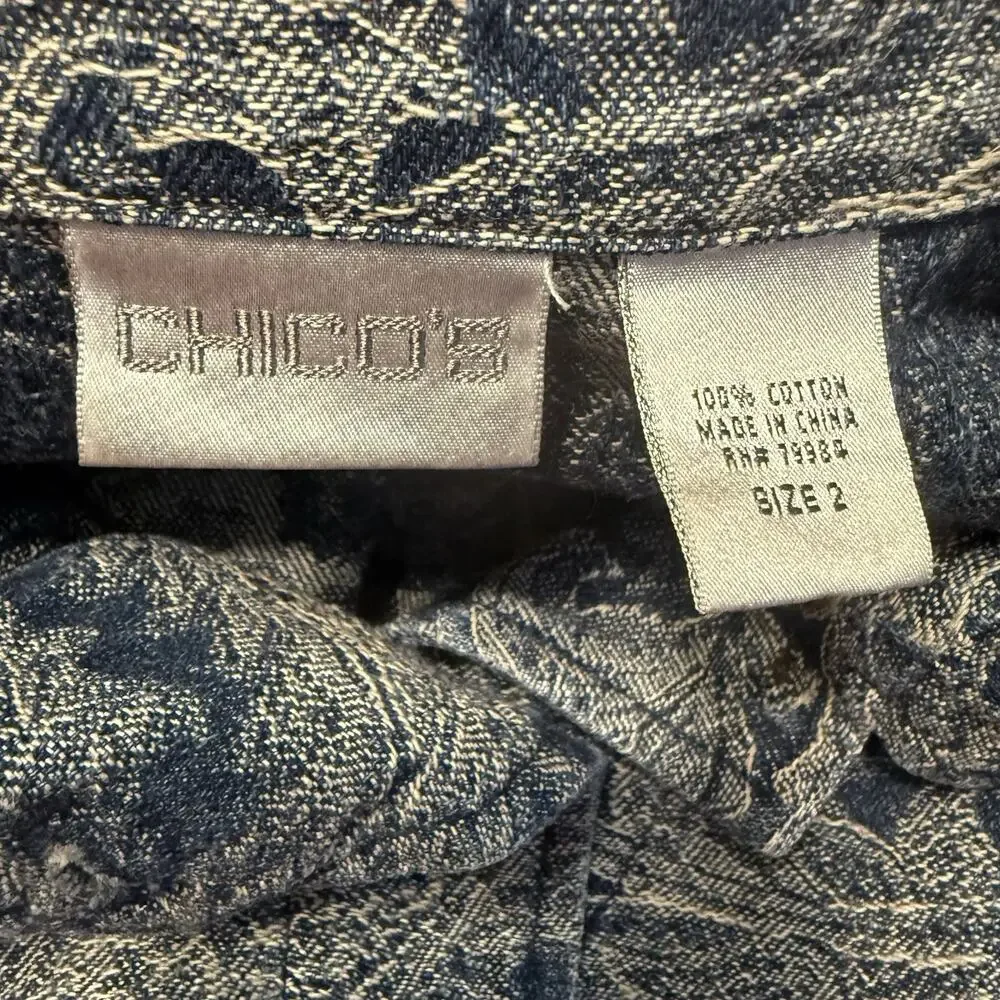 Chicos Denim Jacket Sz 2 (LG 12) Paisley Brocade Casual Lightweight‎ 100% Cotton